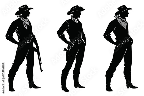 A set of three isolated cowboy silhouettes. The man is depicted as a western hero or outlaw with a rifle and pistol, symbolizing the American frontier legacy.