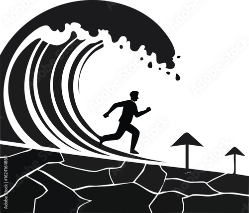 Silhouette of man evacuating from giant tsunami wave with warning signs.

