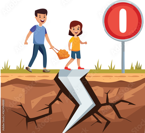 Family evacuates over earthquake cracks, flat vector disaster safety.

