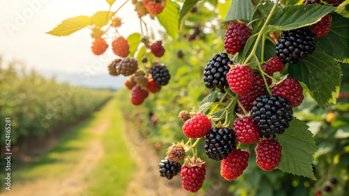 Photos Ripe Blackberry hanging on tree in garden in natural warm sunlight view