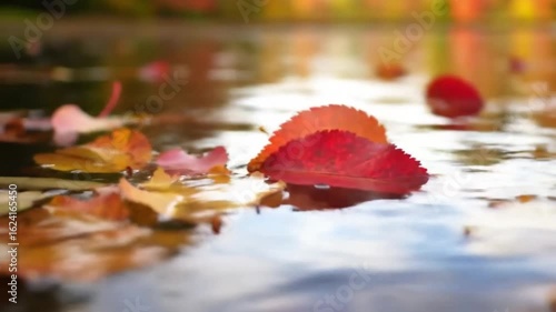 Vibrant Red and Orange Autumn Leaves Floating on Reflective Water Surface in Fall