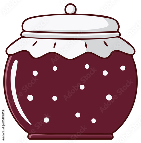Jar of homemade jam with fabric cover and white dots burgundy colored filling illustration