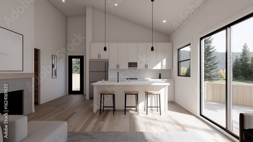 Modern Open Concept Kitchen with Natural Light and Scenic Views