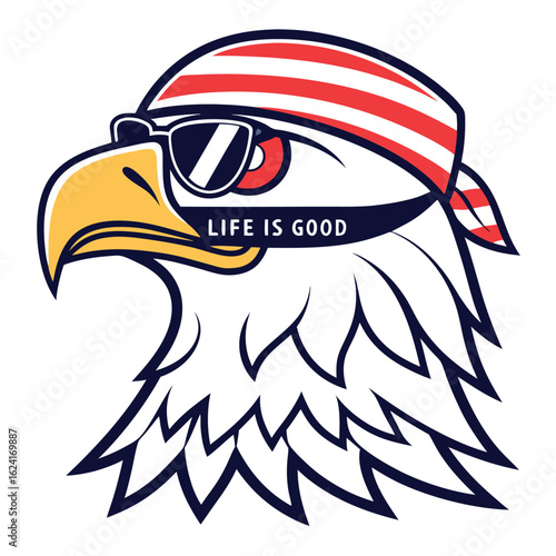Cartoon eagle wearing striped bandana and sunglasses above the Life is Good text with transparent background