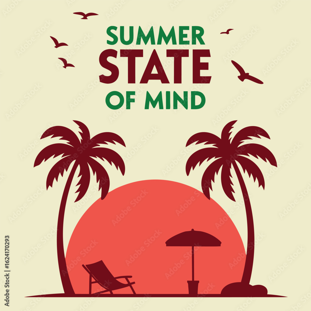 Fototapeta premium Birds fly above the sunset behind palm trees, beach chair, and umbrella silhouette