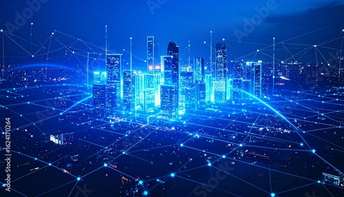 Futuristic cityscape with glowing blue lights, digital grid foreground, vertical data streams, hyper-connected urban skyline