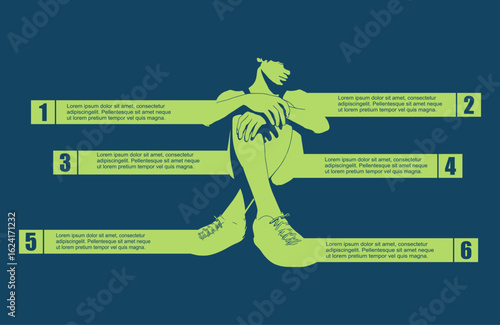 Unhappy woman sitting and hug her knee, thinking about problems. Suffering from break up. Five features or option to select. Infographic for psychological and mental health information visualization.