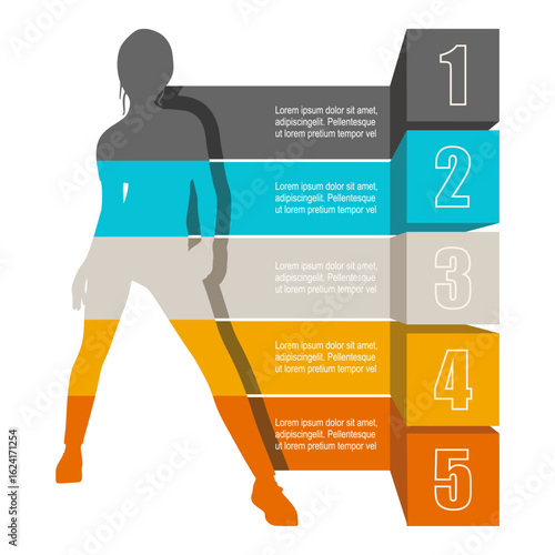 Standing woman. Concept of five features or option of project to select. Minimal infographic illustration for business and social issues information visualization.