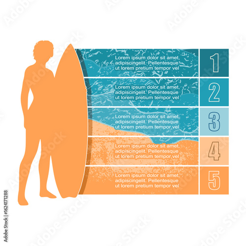 Woman posing with surfboard. Concept of five features or option of project to select. Minimal infographic illustration for leisure activity and travel information visualization.