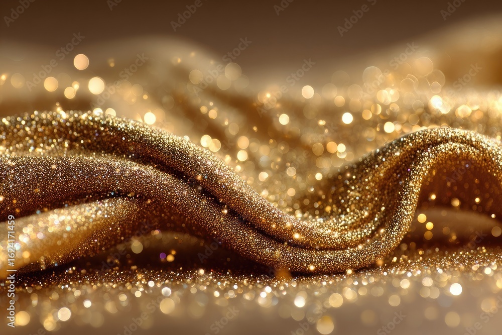 Naklejka premium Glittering gold fabric, softly draped, bokeh lights
