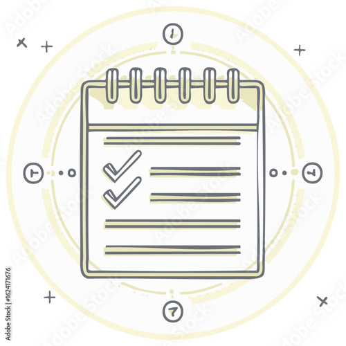 Hand drawn checklist with two checkmarks and crossed out items next to time icons