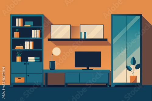 living room wall unit with tv and shelves  .eps