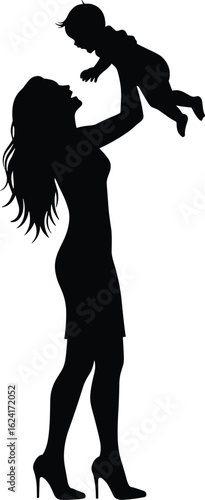 Mother lifting baby, joyful parenthood moment, silhouette love art, family connection, smiling child, happy bond, timeless parenting joy, monochrome beauty