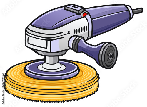 Purple and grey polishing machine with yellow buffing pad for cars and surfaces