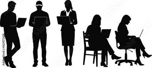 Silhouette collection of diverse business people and students working on laptops, symbolizing remote work, digital communication, modern education, and professional productivity.