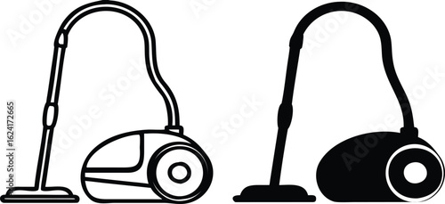 Vacuum Cleaner Icons. Black and White Vector Illustration. Dust Cleaning Machine. Household Appliances Concept
