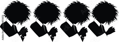 Silhouette of curly-haired man in suit praying with folded hands, spiritual meditation, emotional moment, faith and reflection concept