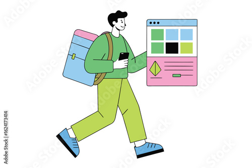 Young student with backpack walking while using smartphone and digital interface screen
