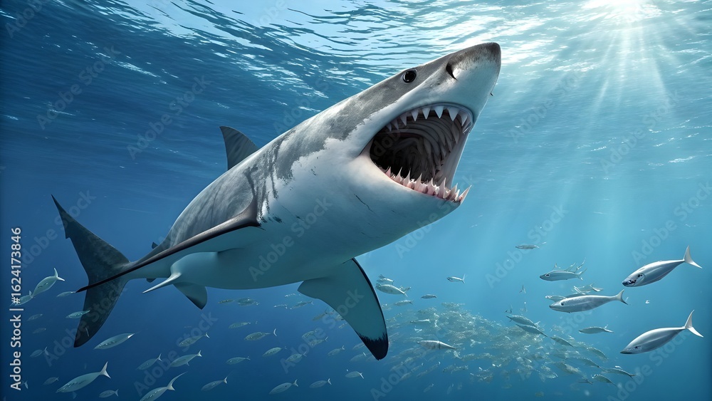 Fototapeta premium Great White Shark Underwater with Open Jaws Surrounded by Fish in Ocean Depths