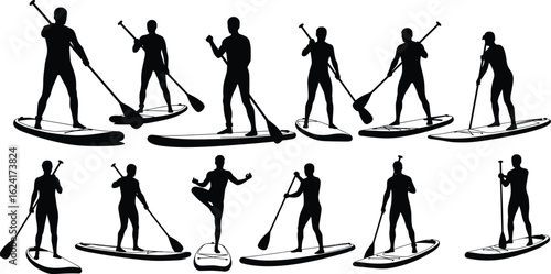 Paddleboarding silhouettes, stand-up paddlers in motion, fitness water sport illustration, outdoor activity vector, black and white poses artwork
