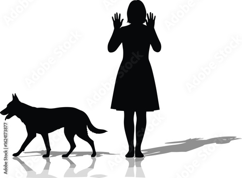 Silhouette of woman standing with raised hands beside dog, emotional reaction moment, shadow reflection, dramatic pet scene illustration