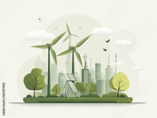 Ecological concept illustration of windmill power generation, emphasizing environmental awareness