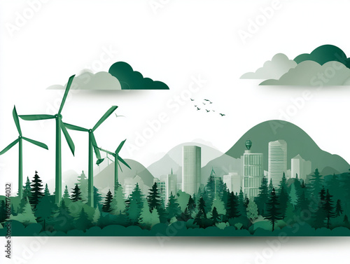 Ecological concept illustration of windmill power generation, emphasizing environmental awareness