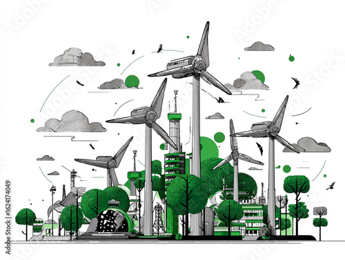 Ecological concept illustration of windmill power generation, emphasizing environmental awareness