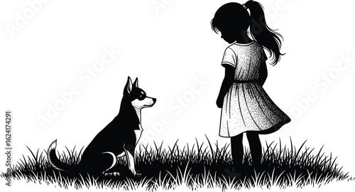 Silhouette of young girl standing with loyal dog in grass field, friendship, childhood moments, pet love, outdoor companion scene