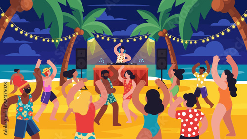 Diverse group of people dancing on a beach at night with a DJ and palm trees.