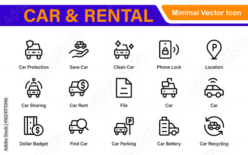 Car and rental icons in modern thin line style. Covers vehicle hire, transport services, road trips, navigation, fuel, maintenance, and car-related logistics.