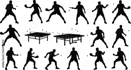 Silhouette of ping pong players, table tennis match icons, competitive game actions, isolated vector set, sports illustration, black graphic figures