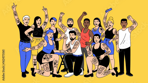 Diverse Group of People with Intricate Tattoos Posing Together.