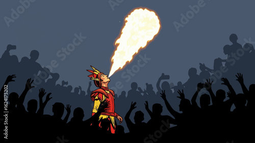 FireBreathing Performer Entertains Enraptured Crowd.