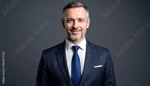 Portrait of a smiling middle-aged man in a dark suit and tie against a gray background