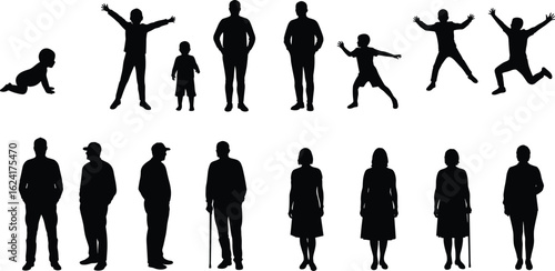 Silhouettes of human life stages, age progression, family generations, development, diverse poses, educational concept, people growth, black background