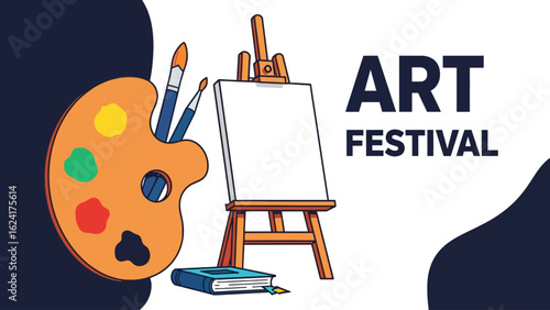Vibrant Art Festival Illustration with Easel Palette Brushes Canvas and Book.