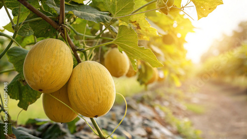 Canary Melon tree in garden, Casaba Melon tree in natural warm sunlight view