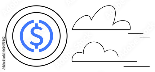 Blue dollar coin in a circle with linear clouds and motion lines, representing rapid movement. Ideal for finance, economy, growth, transactions, efficiency, digital money innovation. Minimal flat