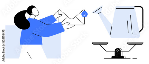Woman managing incoming messages, represented by an envelope, next to a watering can on a scale. Ideal for productivity, balance, multitasking, communication, organization, priorities