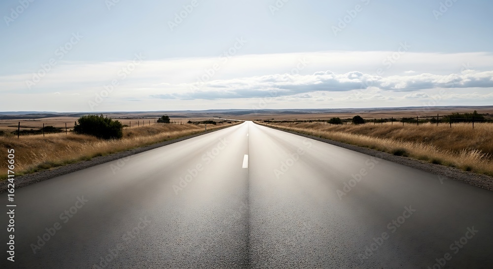 Endless Journey: A Straight Asphalt Road Cuts Through the Golden Prairie Landscape under a Vast Sky Endless Journey: A Straight Asphalt Road Cuts Through the Golden Prairie Landscape under a Vast Sky