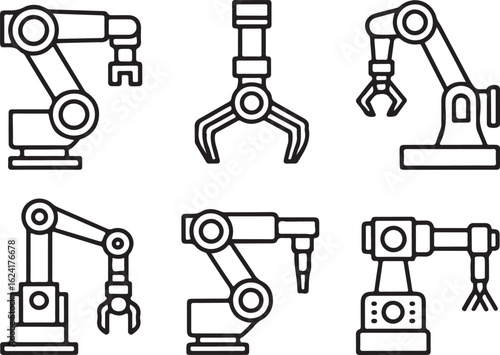 Industrial Robotics Icon Pack – Line Icons of Arms and Gripping Tools