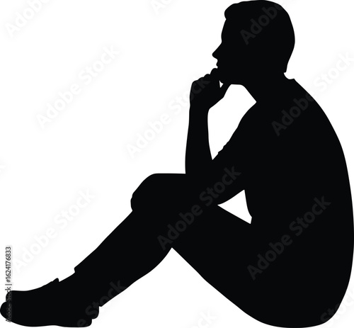 Silhouette of person thinking deeply, isolated on white background, side view posture, introspective, contemplation, meditation, thoughtful, emotion, solitude