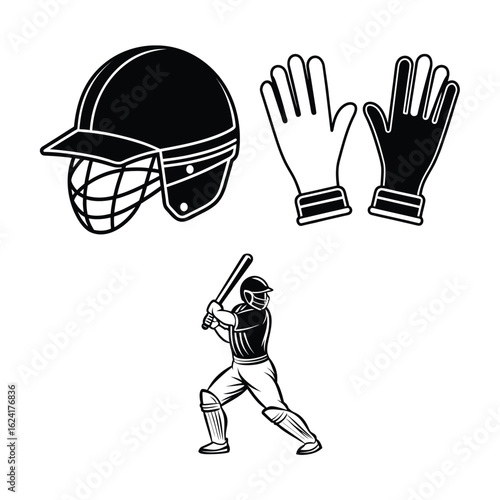 Vector art of baseball and cricket equipment with player illustration on white background