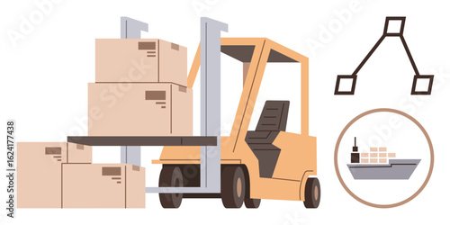 Forklift lifting boxes alongside icons of a cargo ship and supply chain structure. Ideal for transport, shipping, logistics, warehouse, inventory, trade, industrial processes. Simple flat metaphor