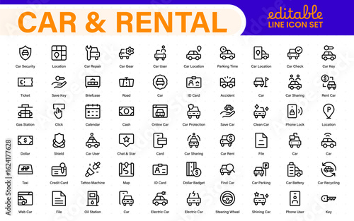 Car and rental icons in modern thin line style. Covers vehicle hire, transport services, road trips, navigation, fuel, maintenance, and car-related logistics.