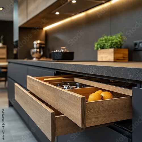 Close-up of kitchen cabinets with drawers. Minimalist modern interior design for a kitchen, Generative AI