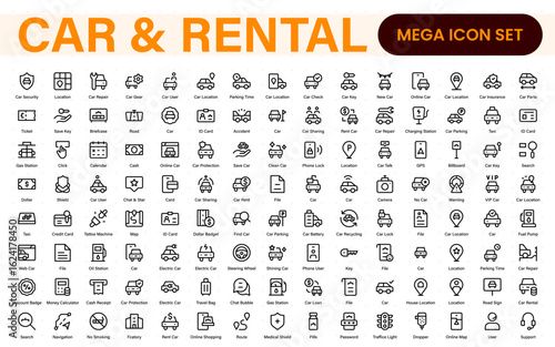 Car and rental icons in modern thin line style. Covers vehicle hire, transport services, road trips, navigation, fuel, maintenance, and car-related logistics.