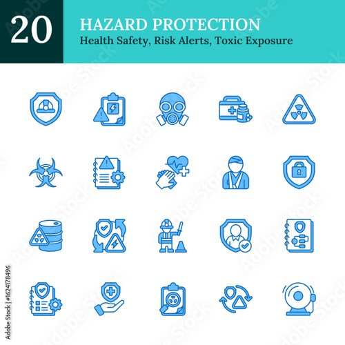 Hazard Protection Blue Fill Outline Icon Sheet Vector Design - represents health safety, risk alerts, toxic exposure, compliance, incident management, injury reports, and safety audits