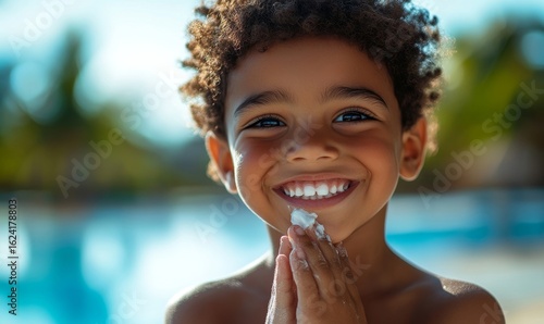 Happy young mixed-race child rubbing sun cream on their cheeks. Smiling Black boy applying sun protection face lotion outside on summer vacation, Generative AI